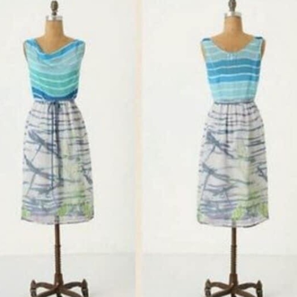 NWT Anthropologie Blue Dragonfly Striped Sleeveless Tie Waist Midi Dress Size 14